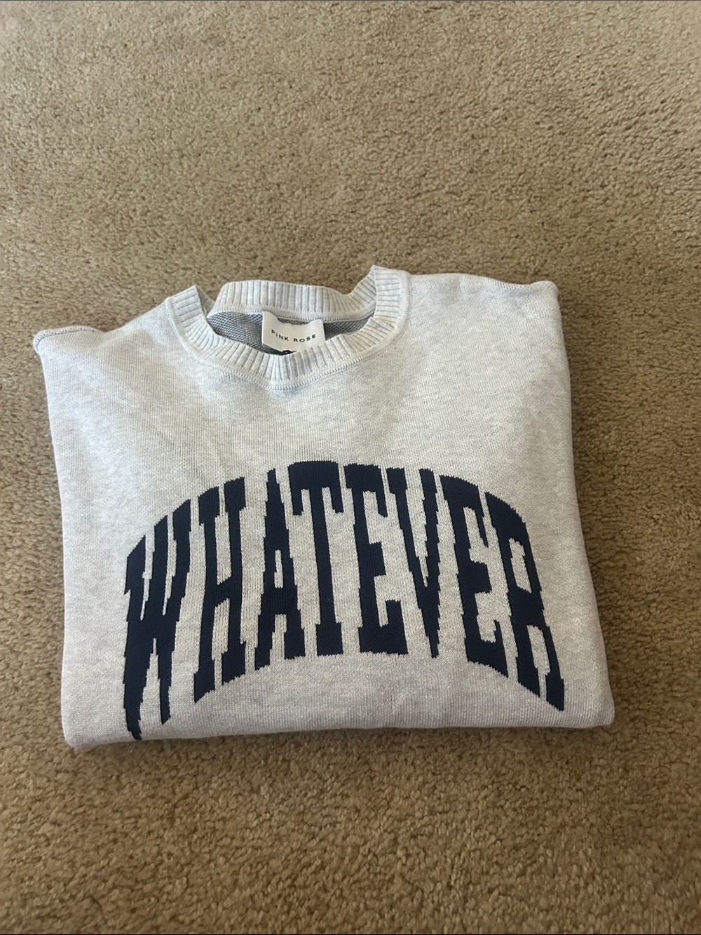 Pink Rose Crewneck Sweater in Light Gray with Navy 'WHATEVER'